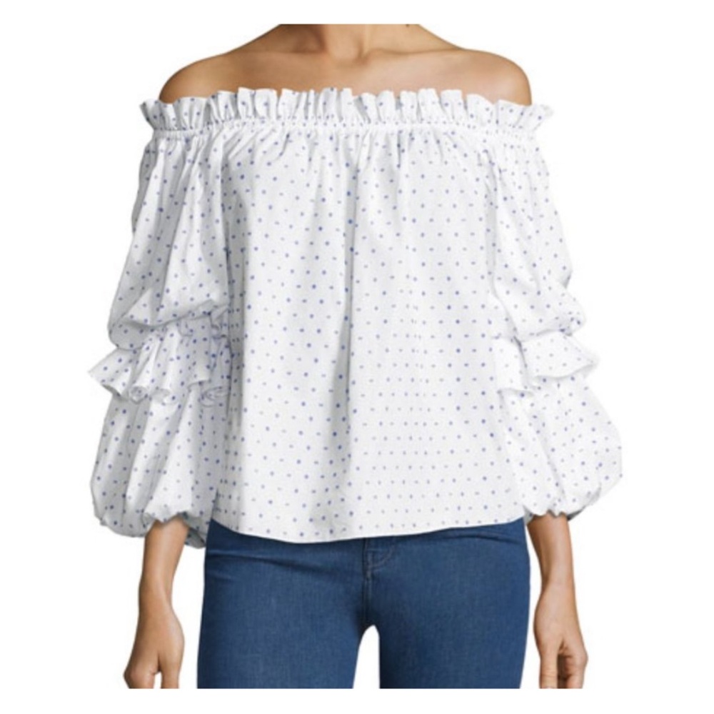 CAROLINE CONSTAS | NEW! $385 Gia Off-The-Shoulder Swiss Dot Top in White/Blue, L